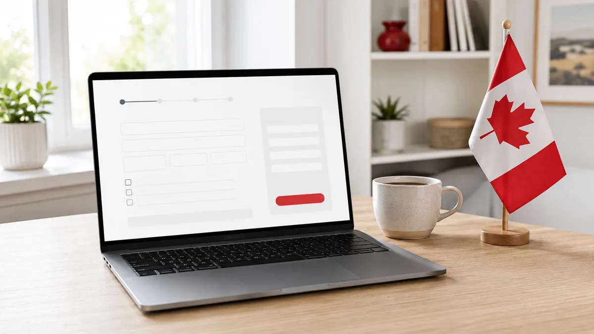 A laptop showing an online form, a coffee cup and a small Canadian flag
