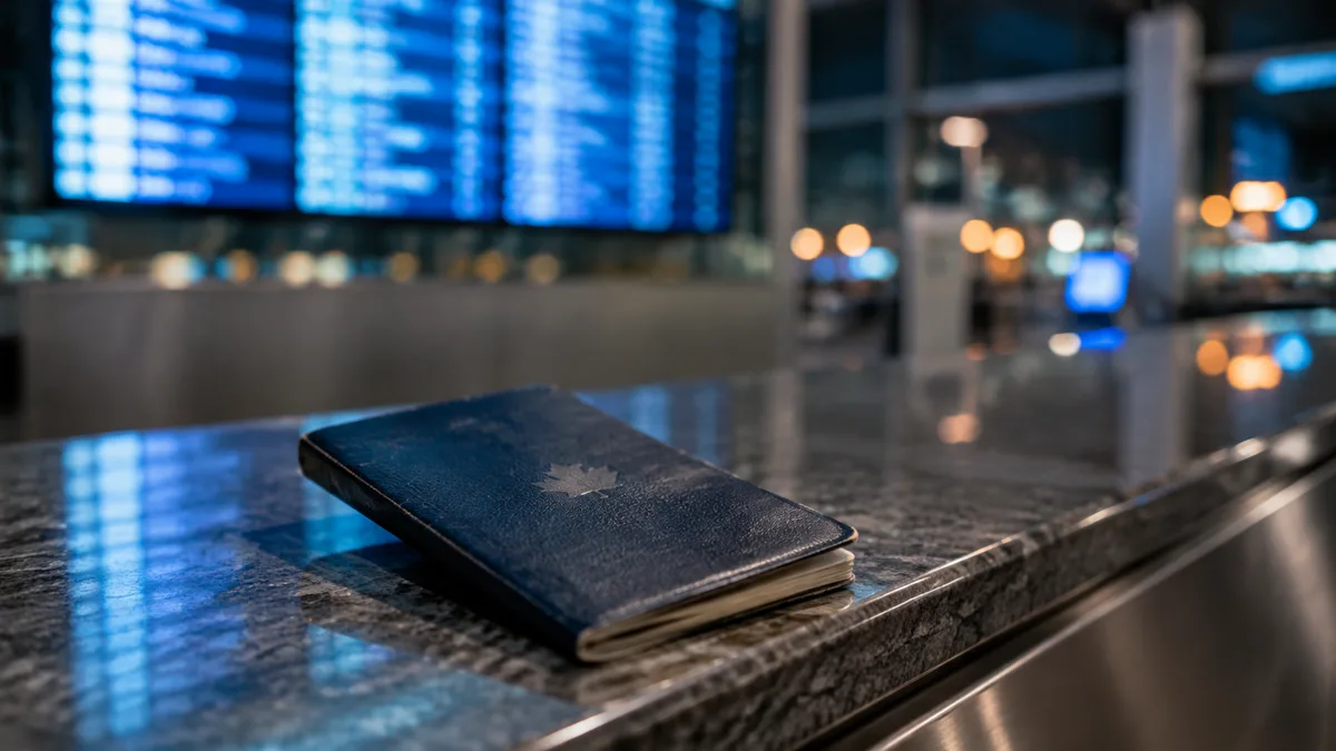 A blue Canadian passport lying on a world map beside two passport photos