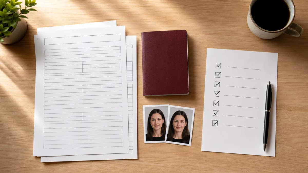 Documents, a passport, photos and a ticked checklist laid out on a desk