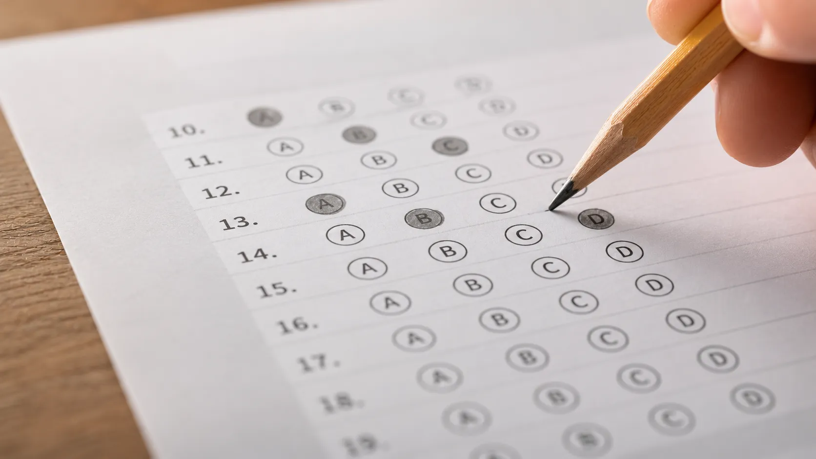 Close-up of a multiple-choice answer sheet with checkmarks