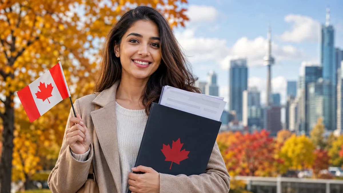 A smiling young woman holds a small Canadian flag and a folder of citizenship application documents outdoors, with autumn maple trees and a Canadian city skyline behind her