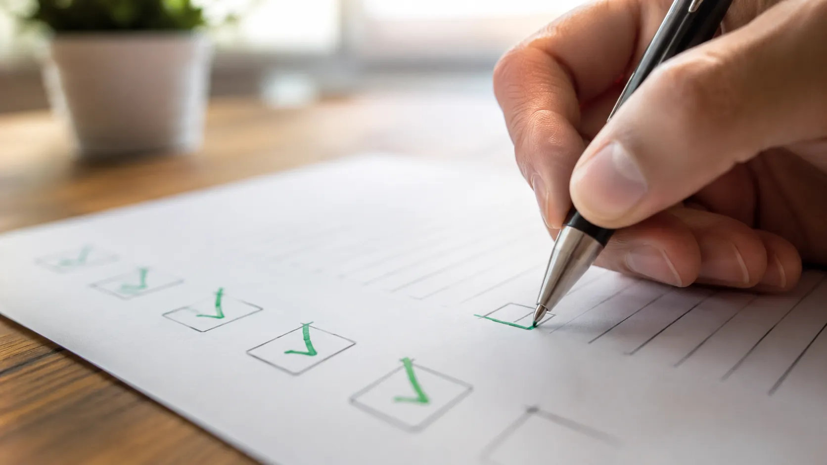 A hand marking a correct answer with a green check on a test sheet