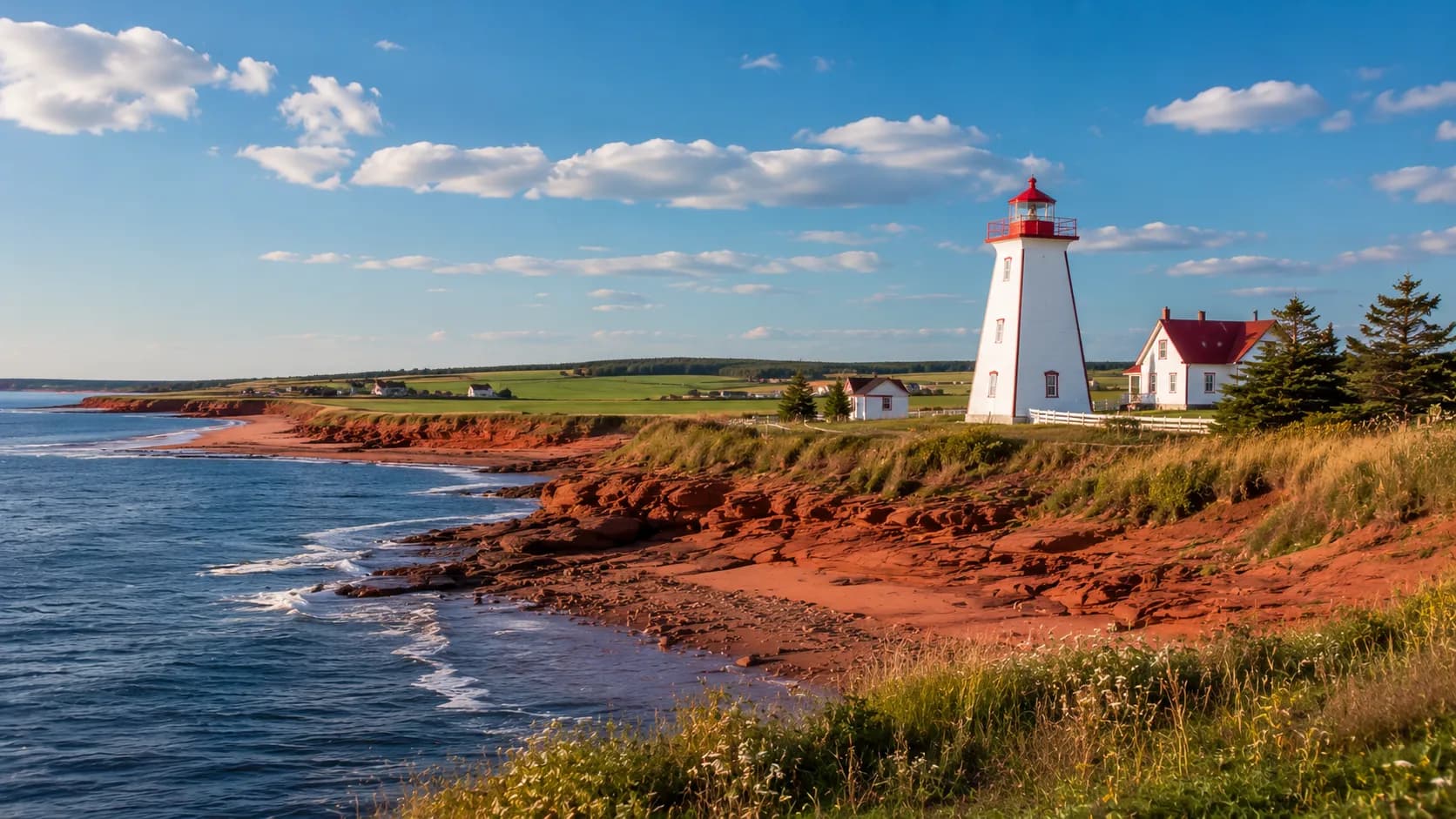 Prince Edward Island's red-sand coastline with a lighthouse