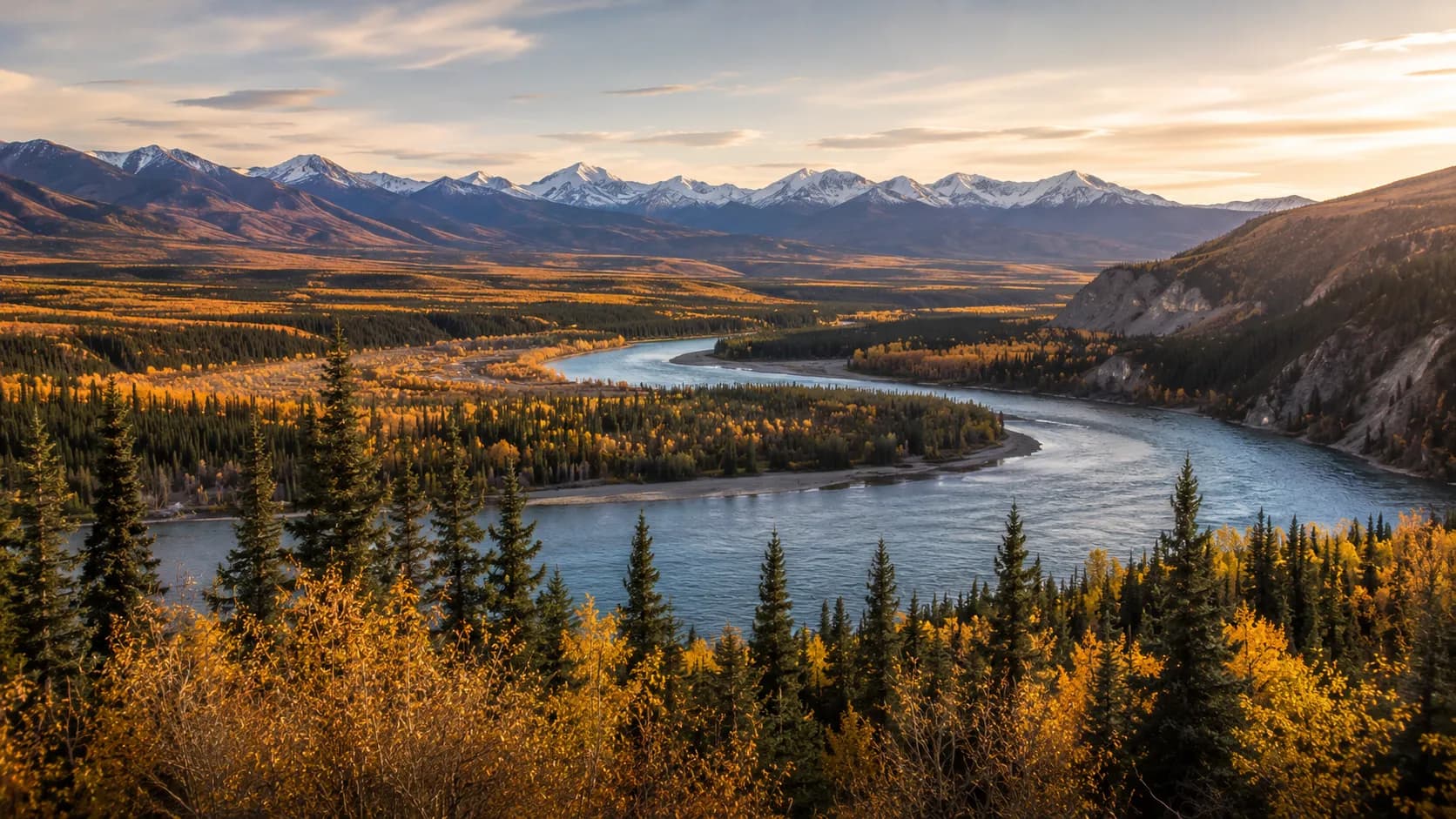 The winding Yukon River through the autumn boreal forest
