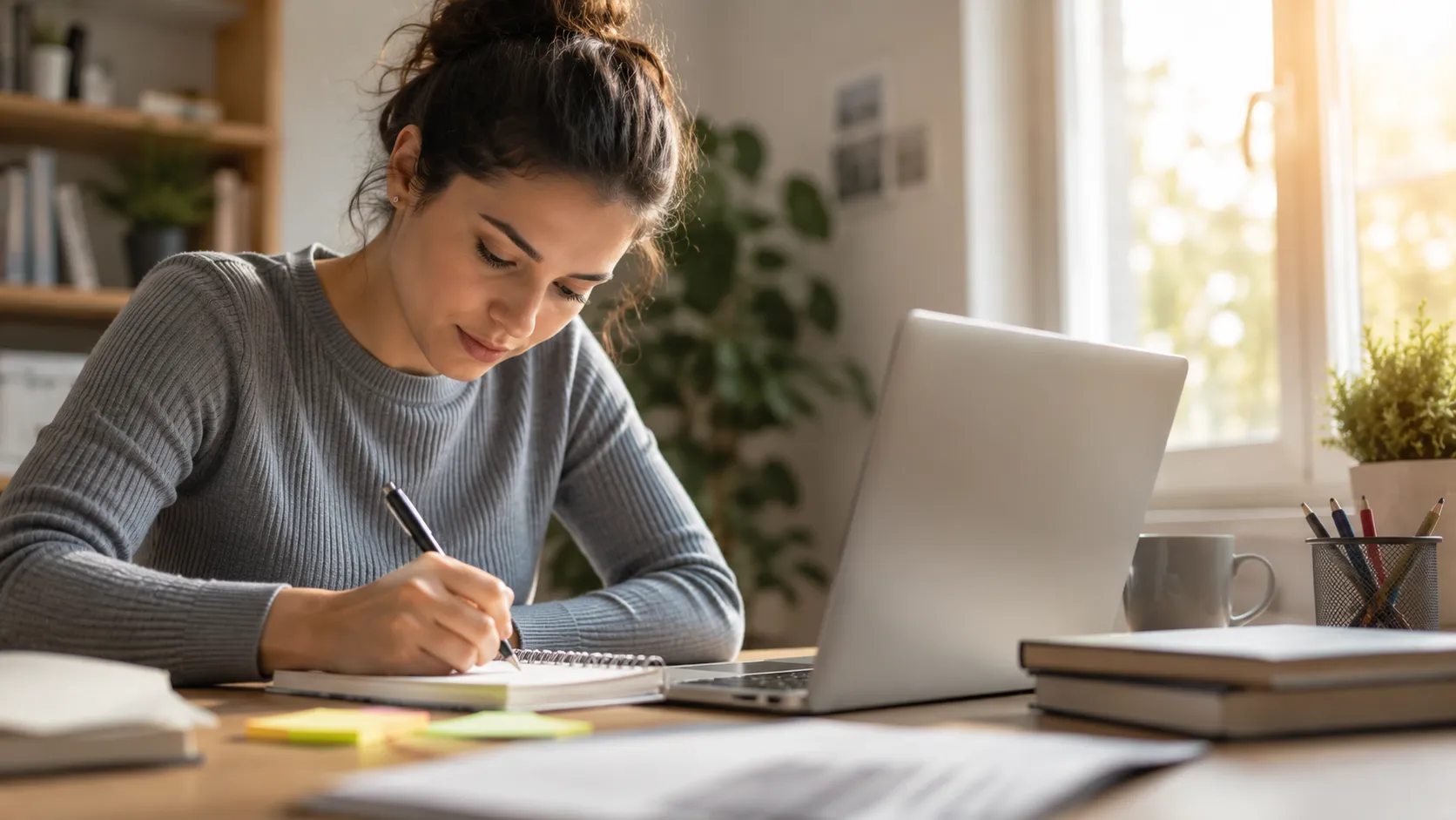 A determined person studying again at a desk