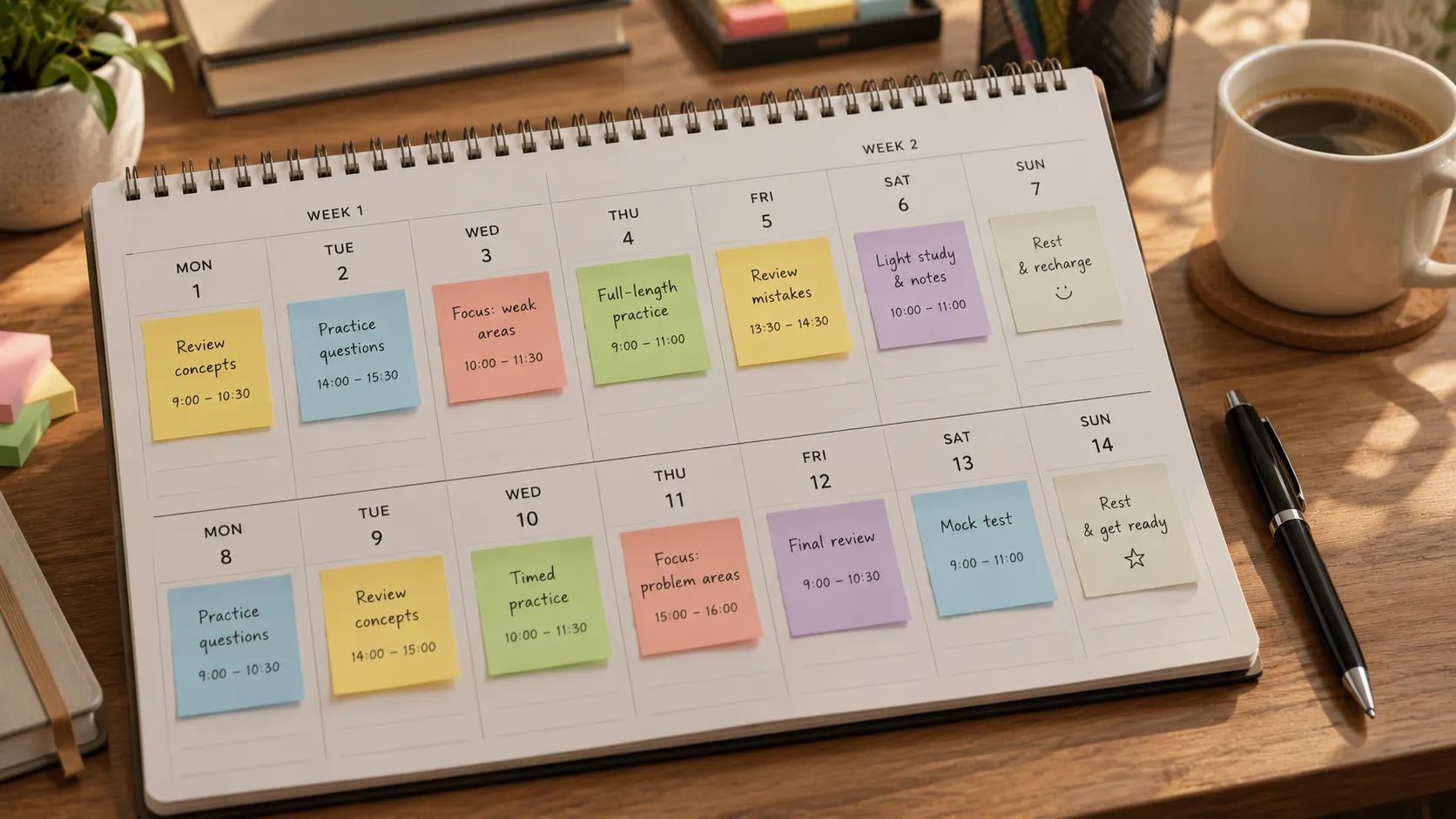 A planner showing a two-week study schedule