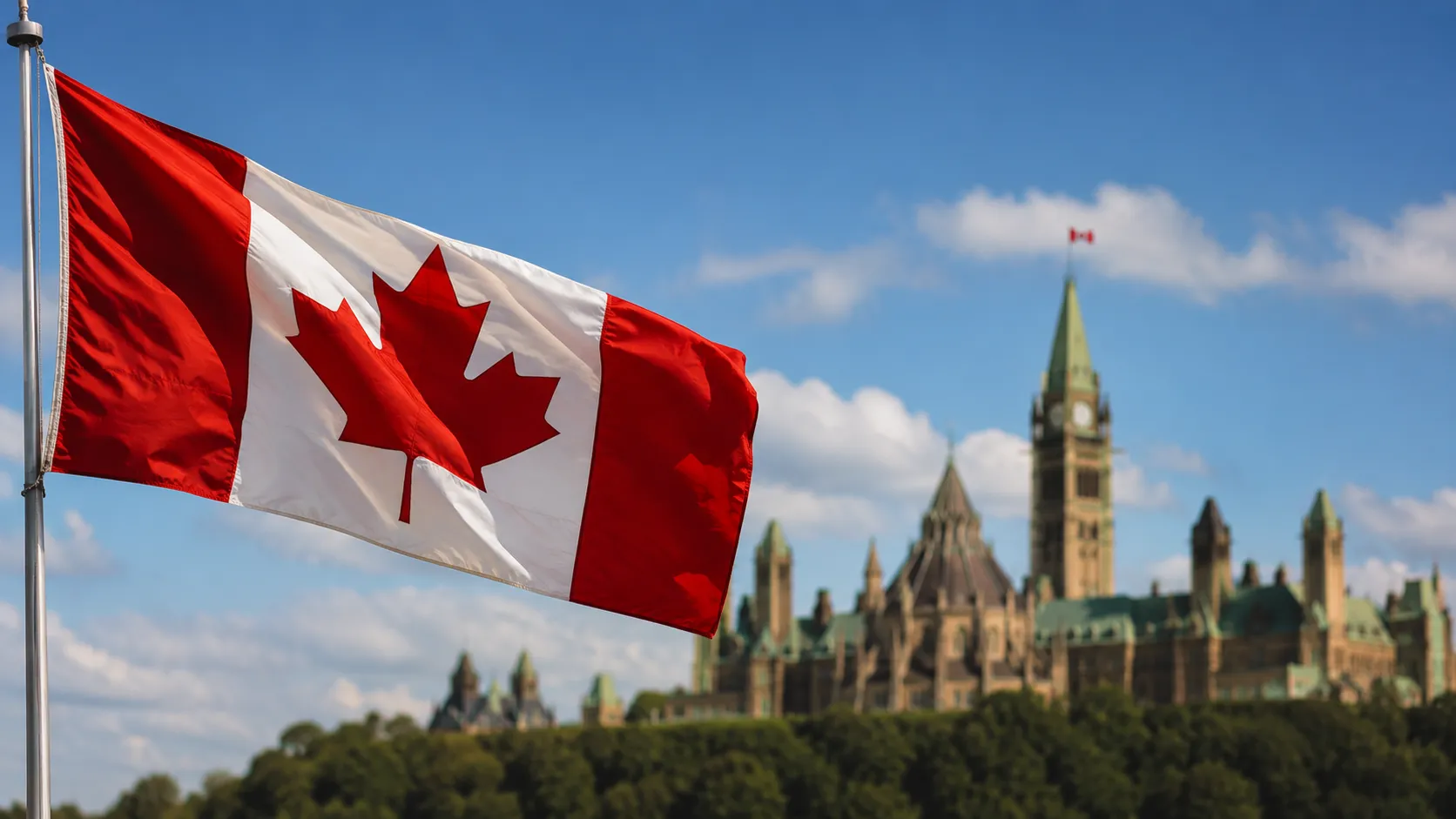 The Canadian flag in front of Parliament Hill in Ottawa