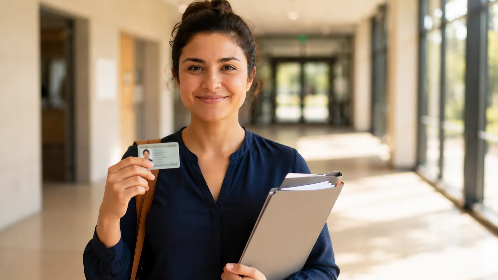 A calm candidate on test day holding their photo ID
