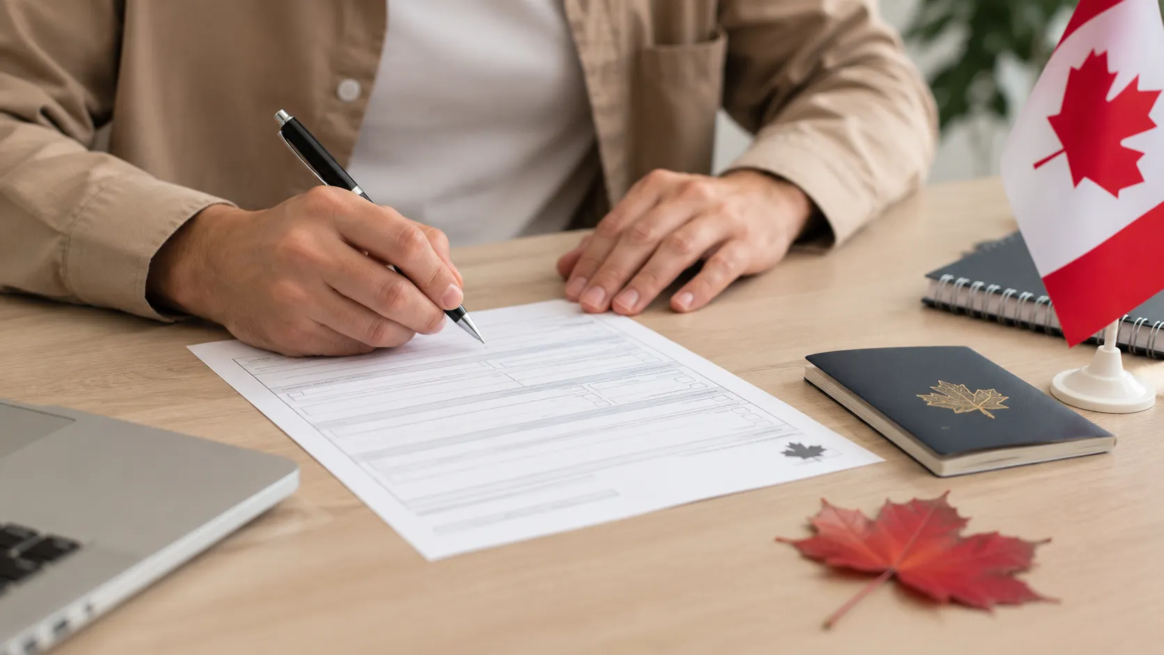 A person signing a citizenship application form next to a passport