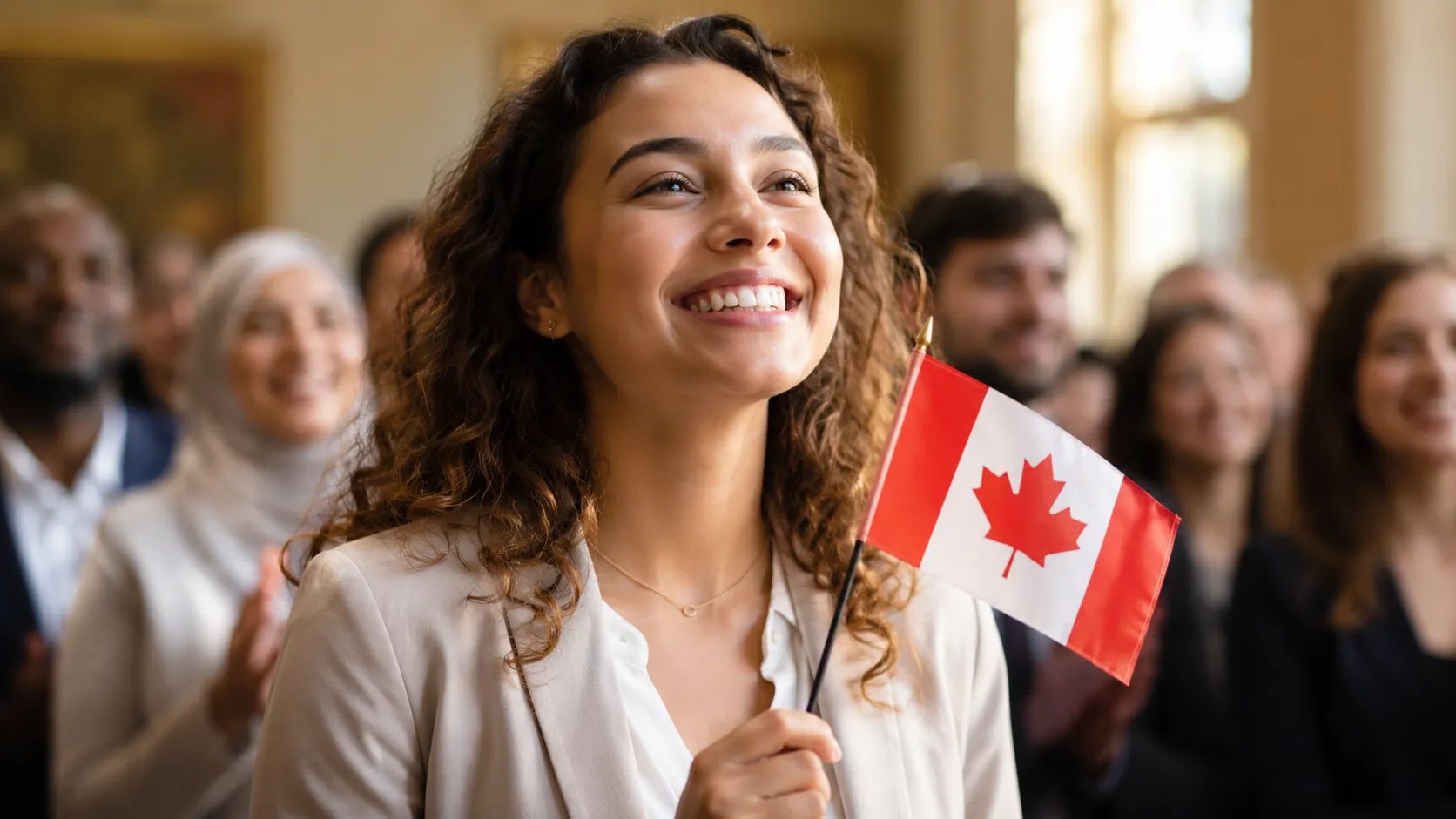 A smiling new citizen holding a small Canadian flag at a ceremony