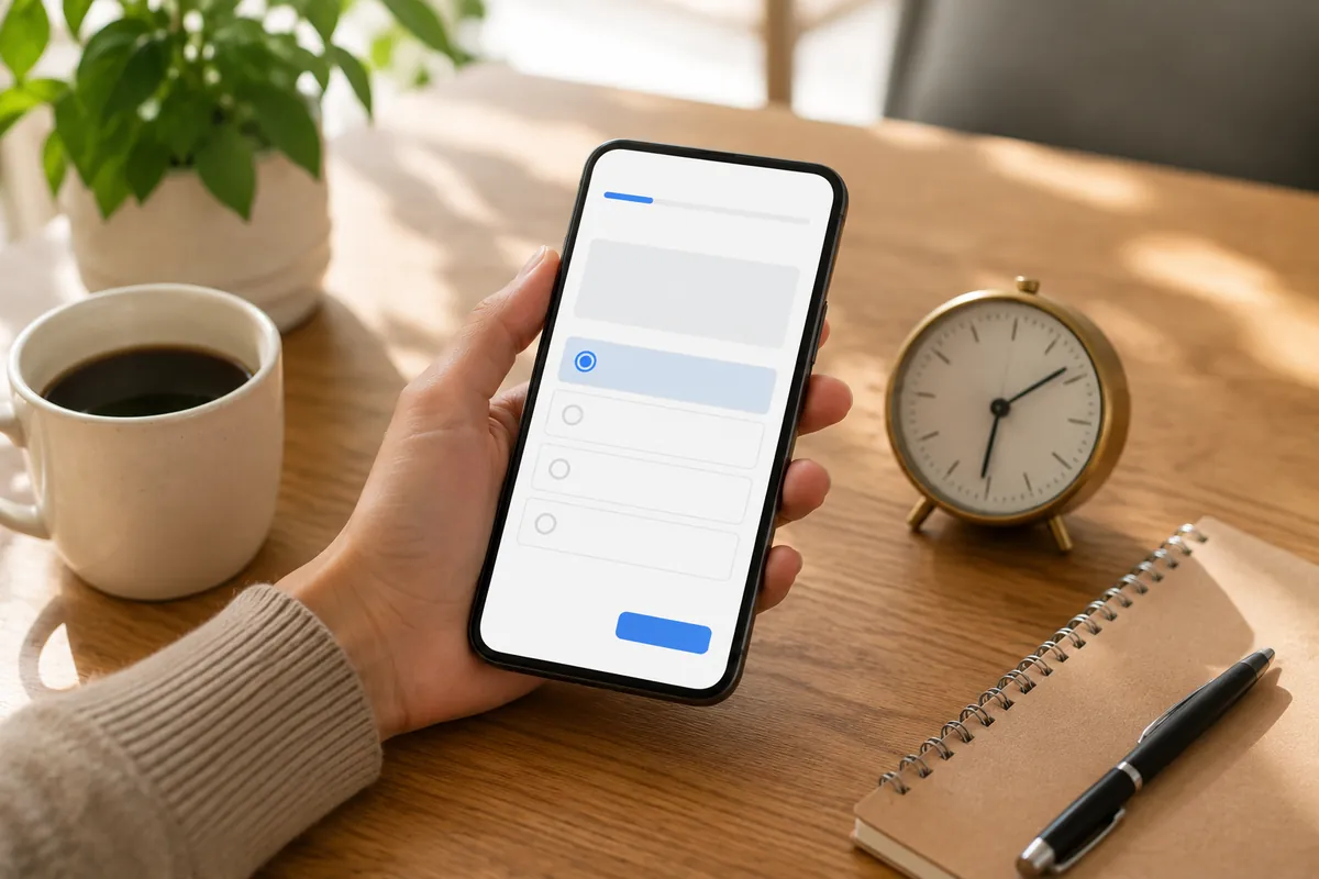 A hand holding a phone showing a quiz, next to a coffee cup
