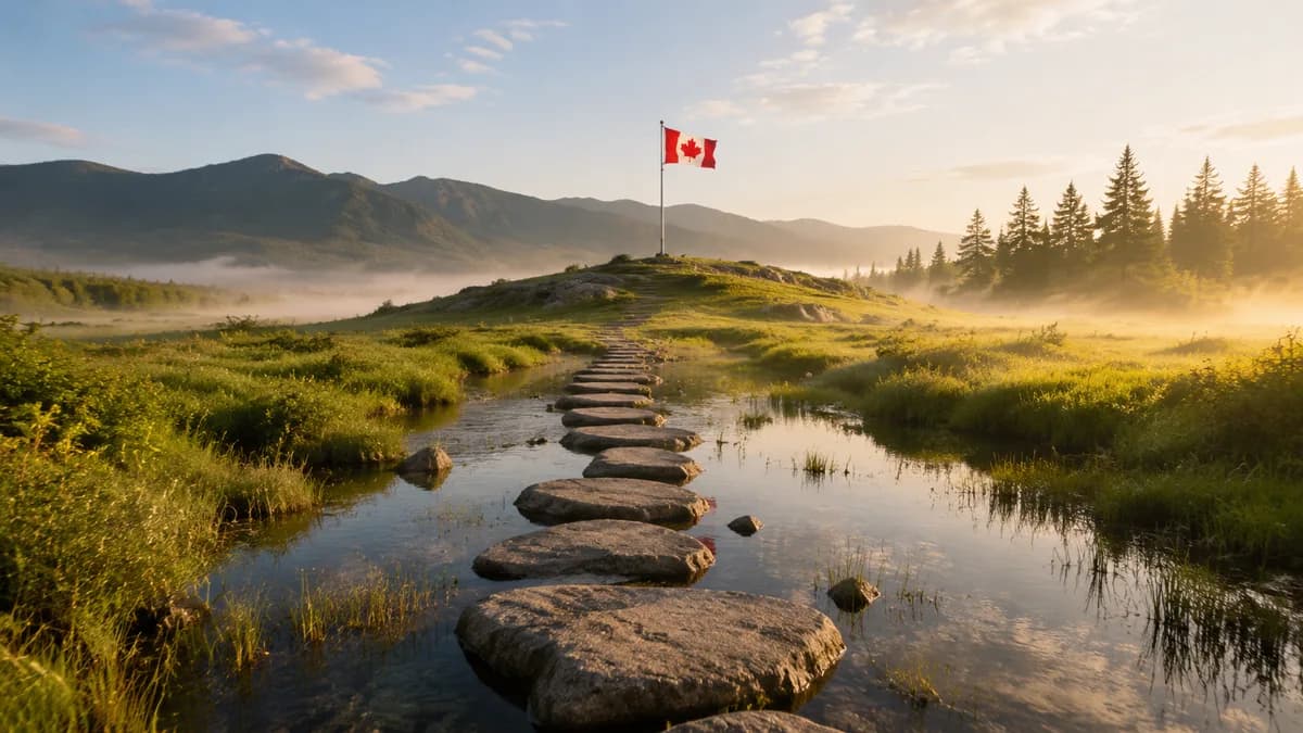 Des pierres de gué menant vers un drapeau canadien, l'idée d'un parcours par étapes