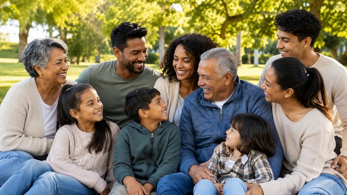 A happy multi-generational diverse family outdoors