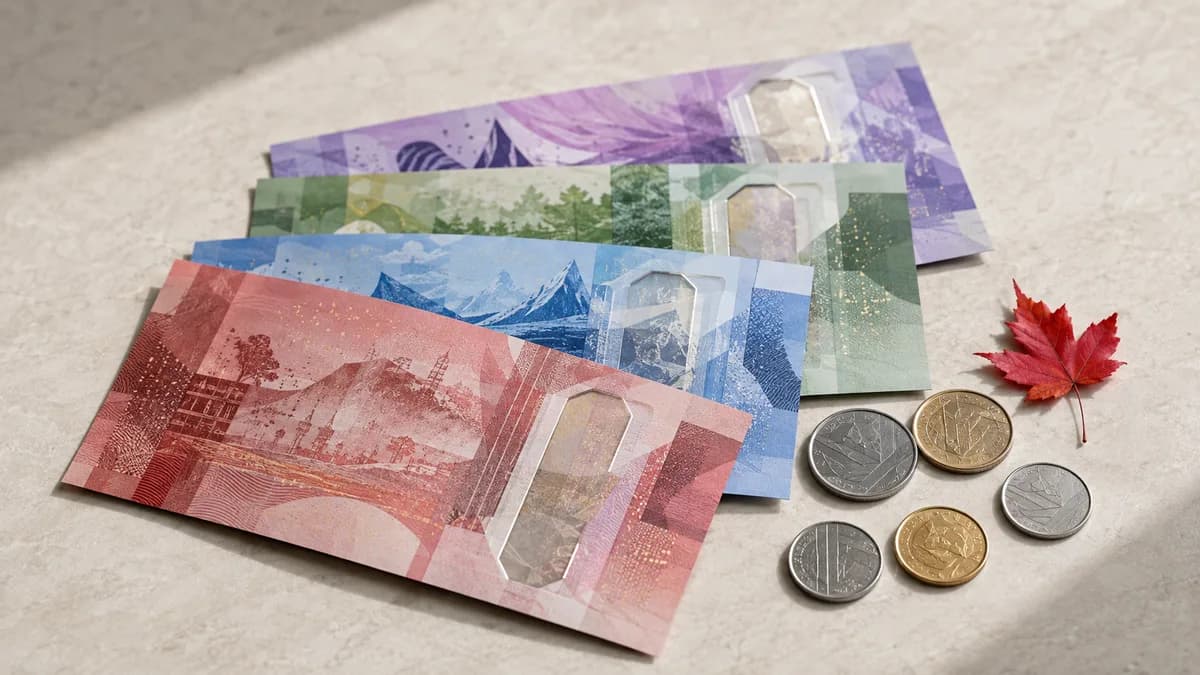 Canadian dollar bills and coins with a small maple leaf