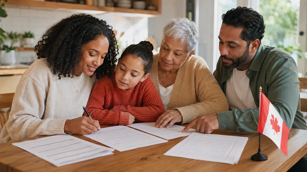 Une famille diversifiée remplit des papiers ensemble à la table de cuisine, avec un petit drapeau canadien