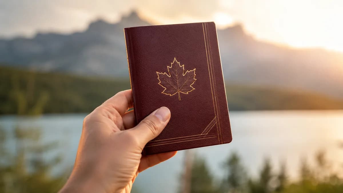 A Canadian passport held up against a bright blurred background, pride and opportunity
