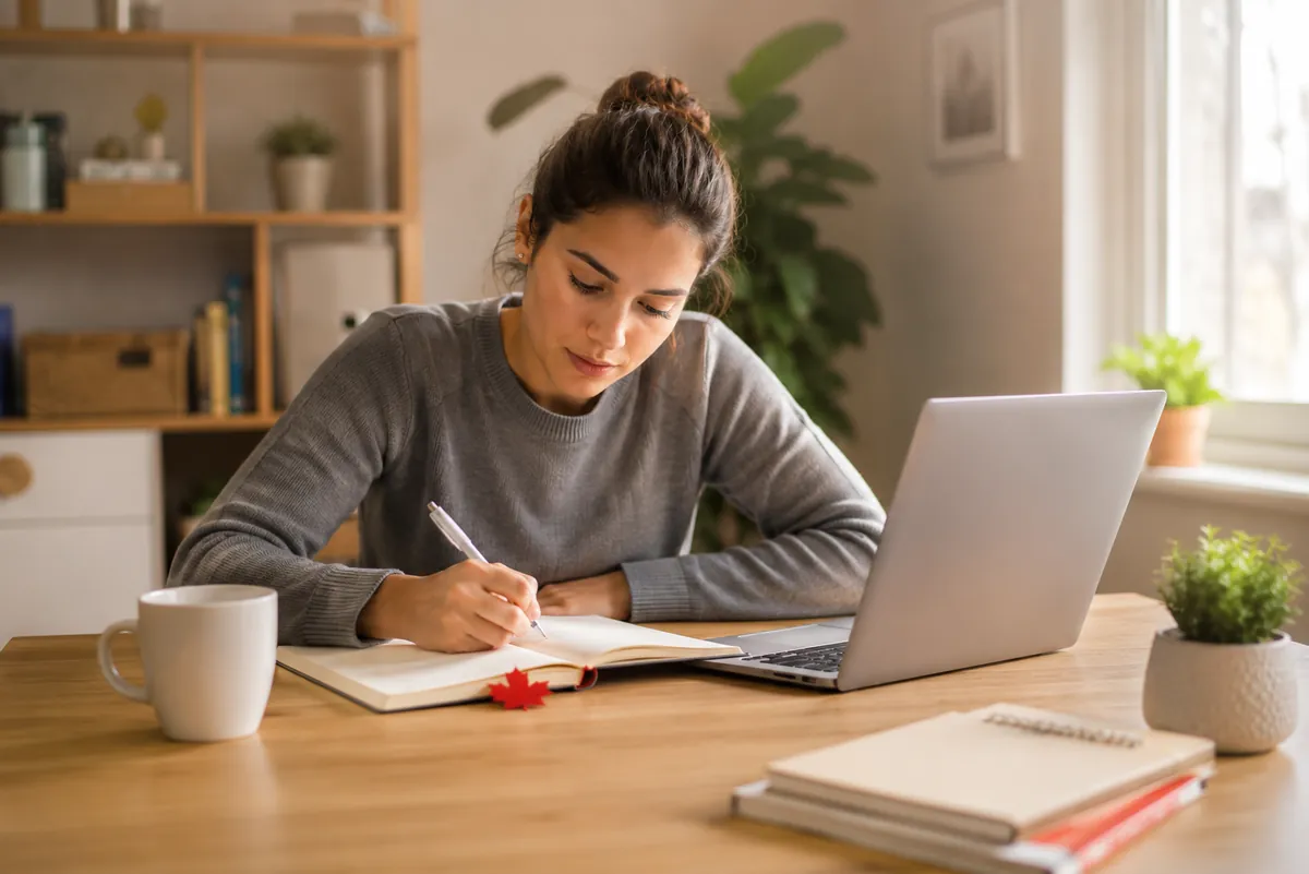 A person studying at a desk with notes and a laptop