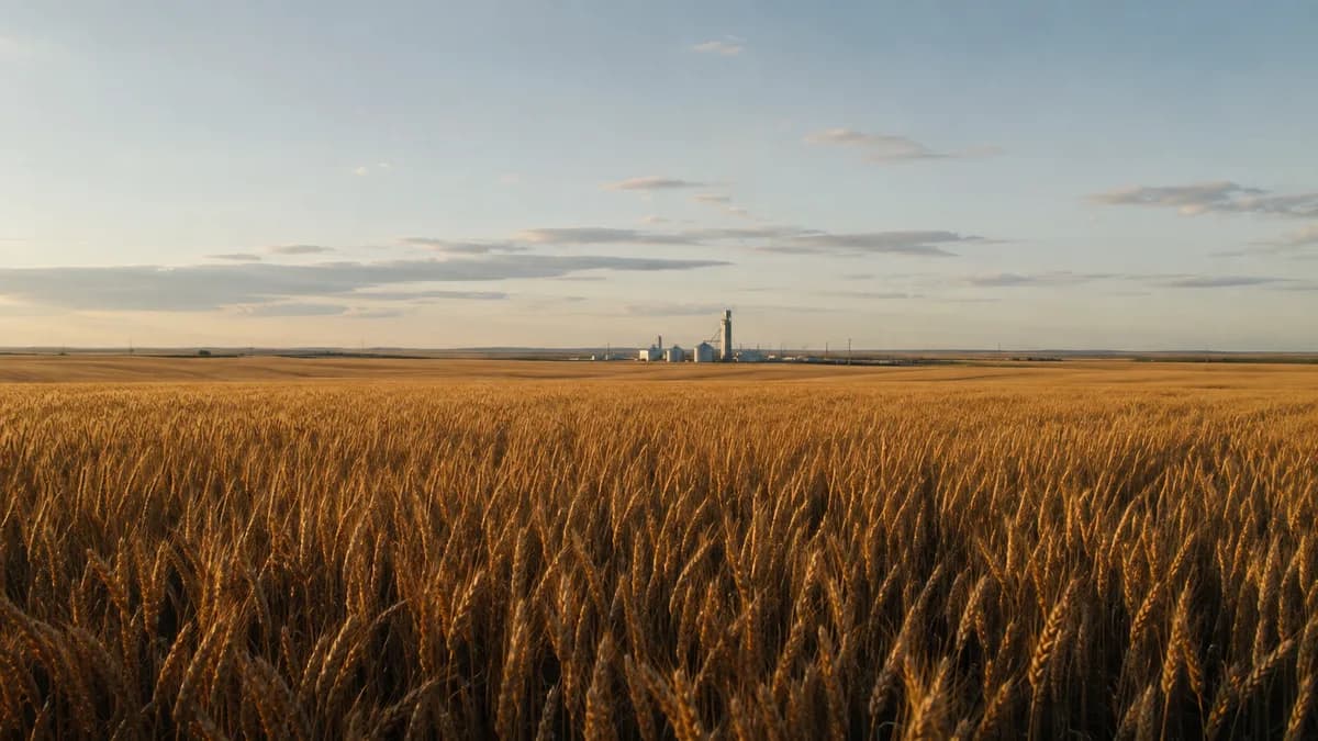 Train de marchandises longeant un champ de blé des Prairies canadiennes