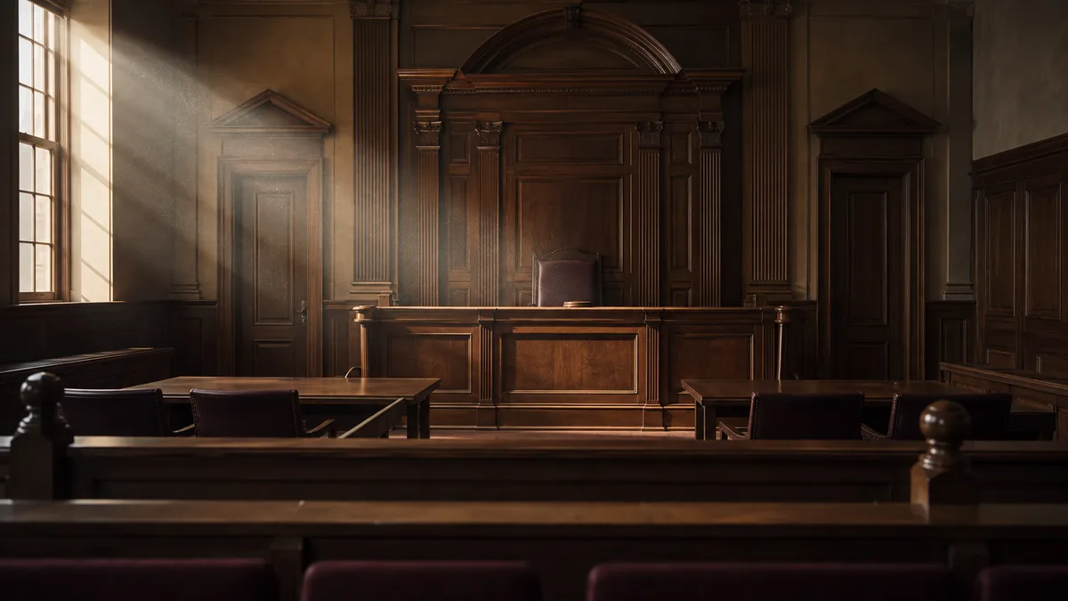 A judge's gavel resting on a wooden desk in a courtroom