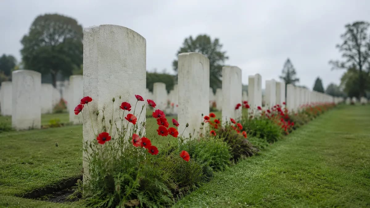 Red poppies in front of a stone war memorial on a grey day
