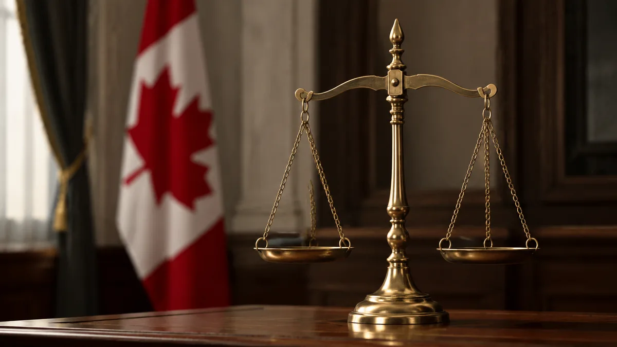 Une balance de la justice en laiton devant un drapeau canadien flou