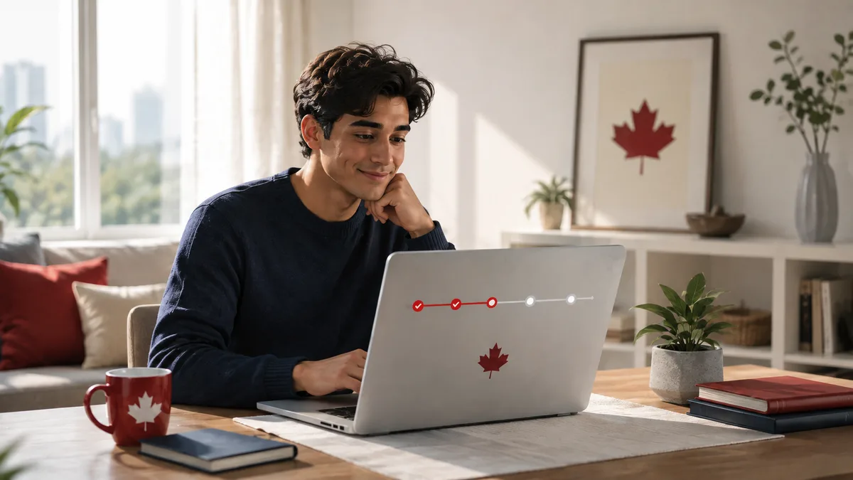 A smiling young man checks his citizenship application status on a laptop in a living room with red Canadian accents