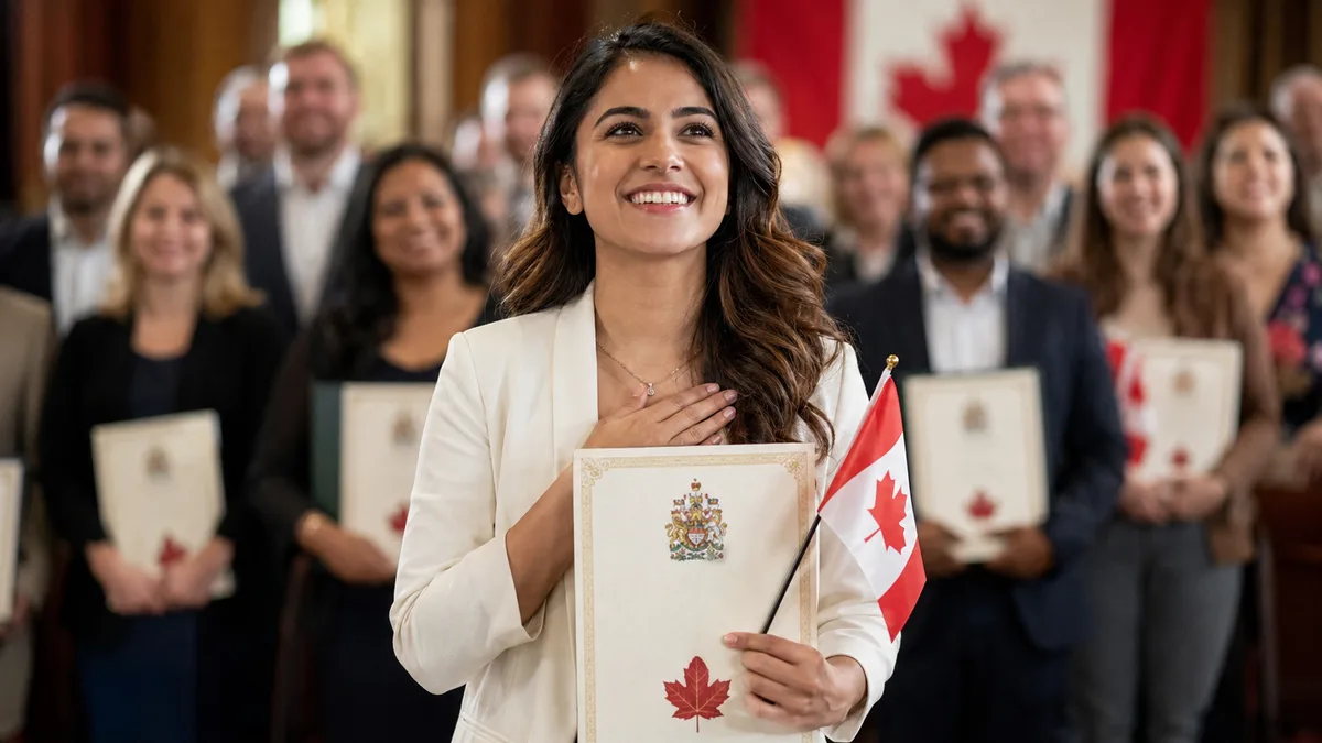 A smiling new citizen with her hand on her heart holds her citizenship certificate and a small Canadian flag at a ceremony, with other new citizens and Canadian flags in the background