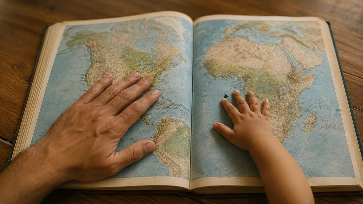 A parent holding an infant beside an open suitcase and passports laid out on a table