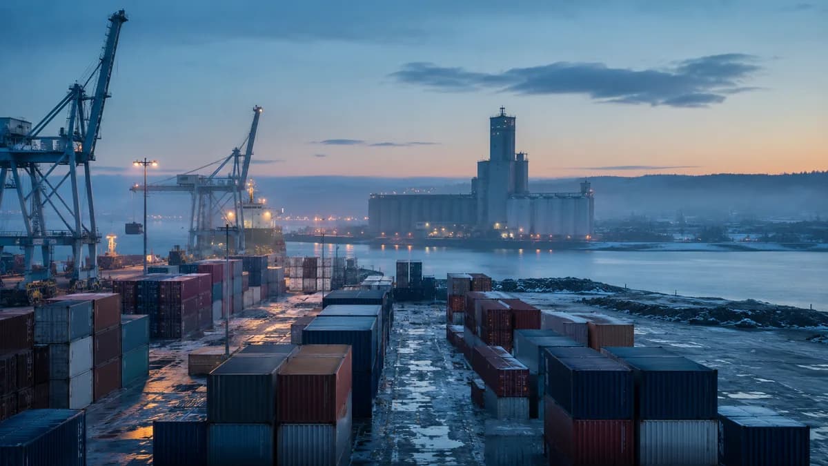 Port crane and export containers in Canada, illustrating the country's trade and industries