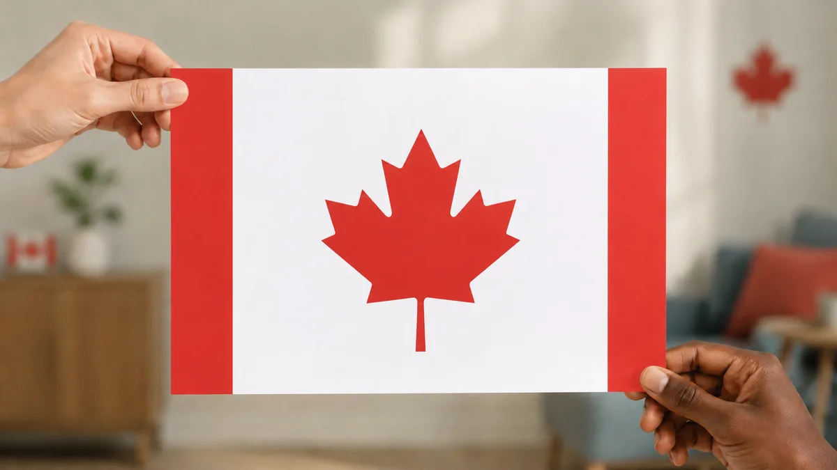 A hand holds a small Canadian flag during a citizenship ceremony