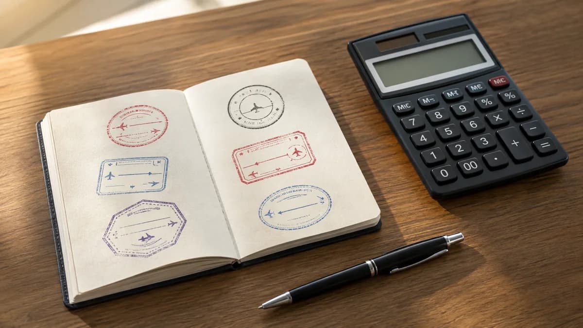 A passport with entry and exit stamps, a calculator and a pen on a desk