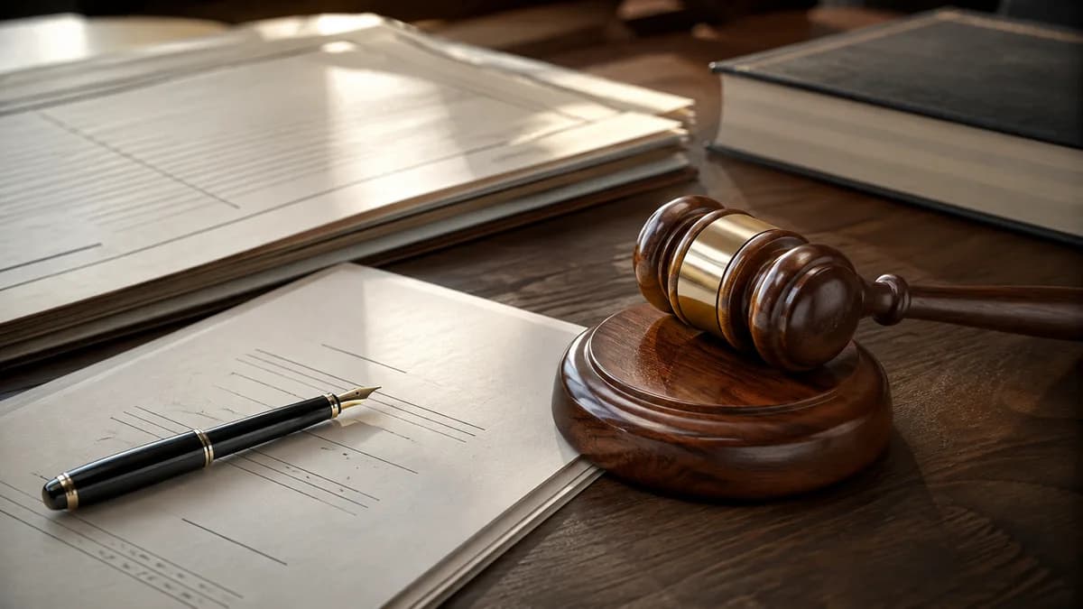 A judge's wooden gavel and legal documents on a desk