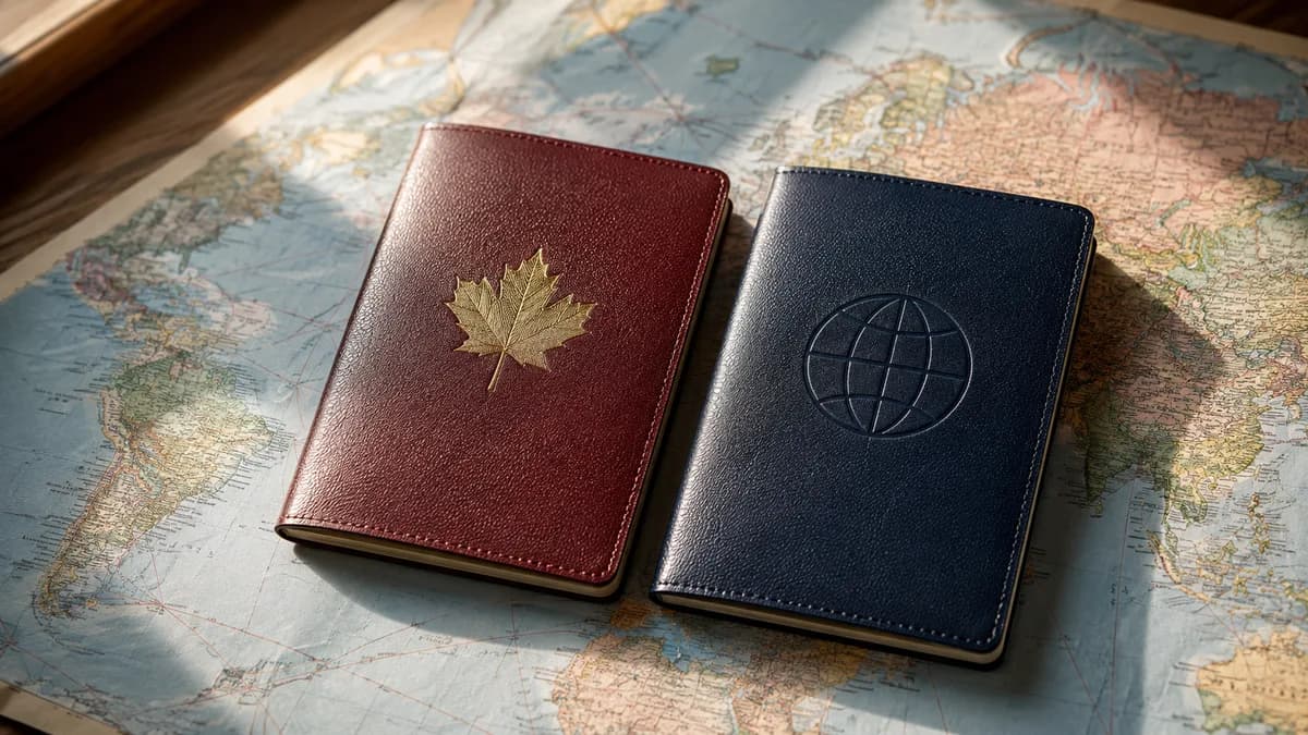 Deux passeports côte à côte, l'un avec une feuille d'érable, sur une carte du monde