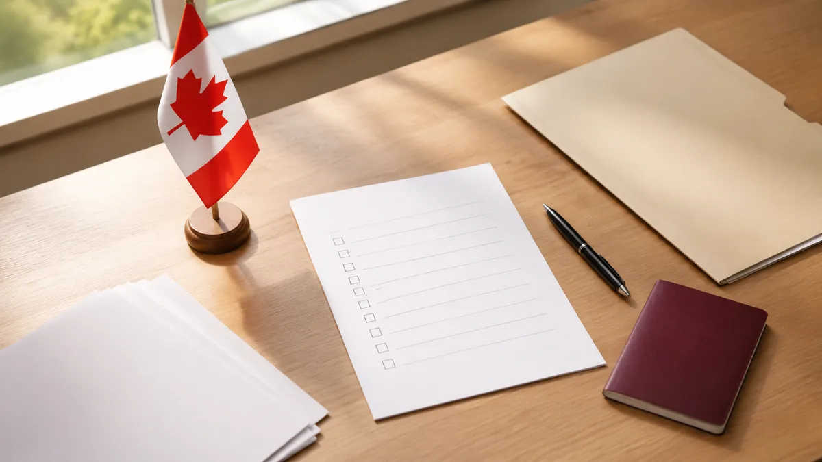 Un bureau bien rangé avec une liste de vérification, un passeport et un petit drapeau canadien