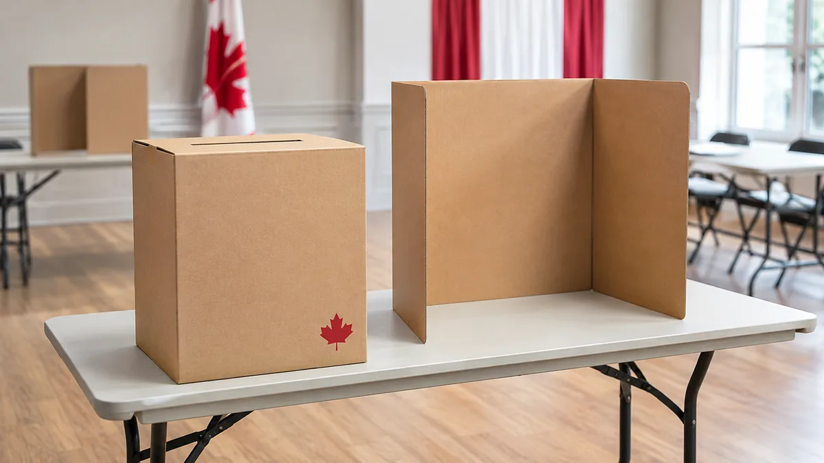 A cardboard ballot box and voting screen at a Canadian polling station