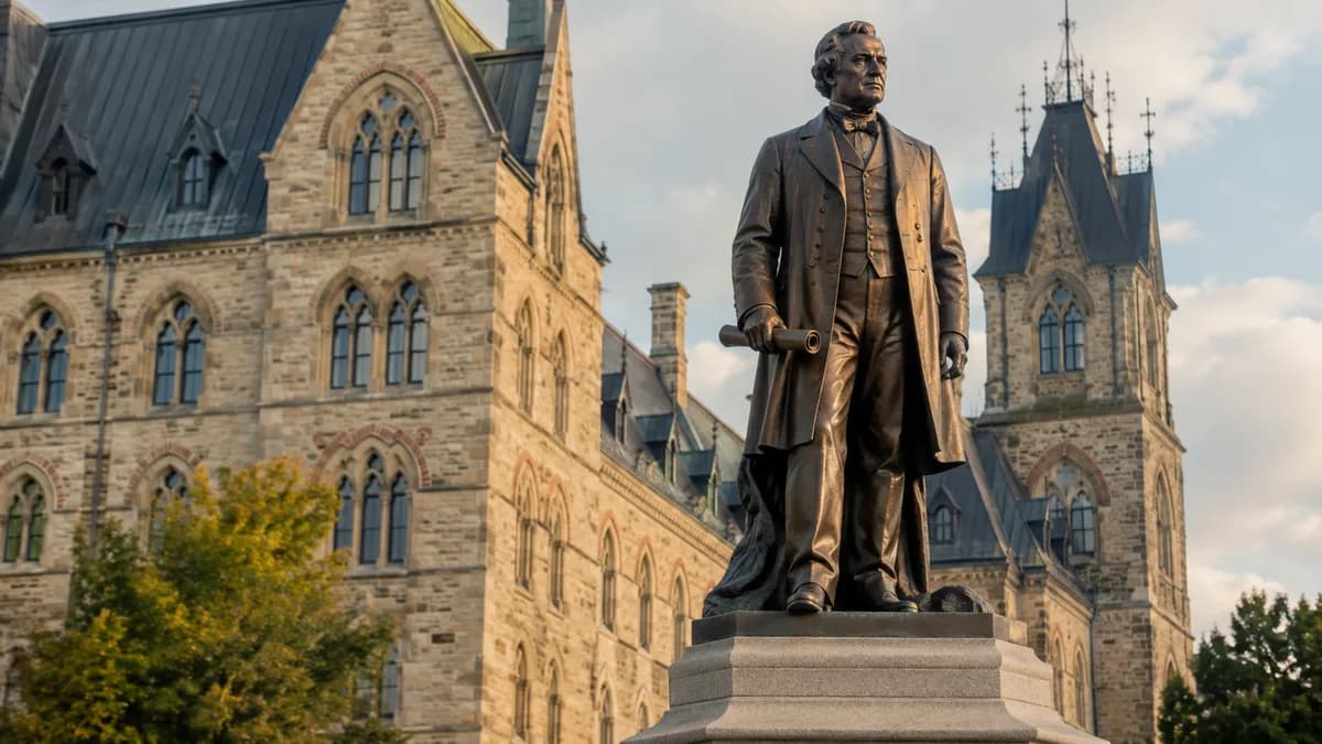 Une statue de bronze d'un homme d'État du XIXe siècle devant un édifice patrimonial