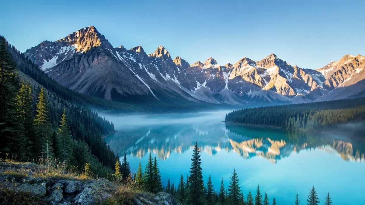 A sweeping Canadian landscape of mountains, lake and forest