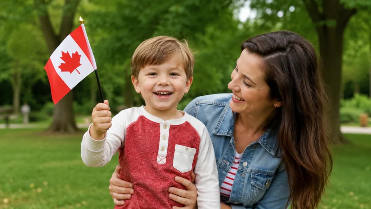 Un enfant joyeux tenant un petit drapeau canadien avec un parent, en plein air