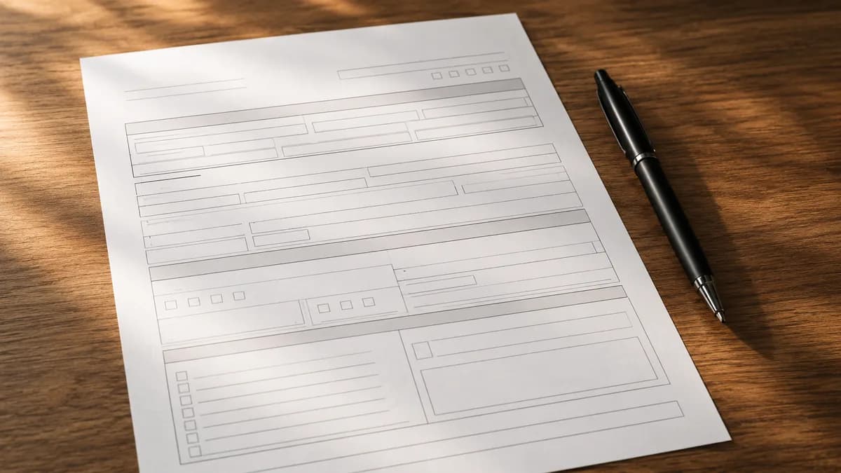 A blank application form and a pen on a wooden desk, close-up
