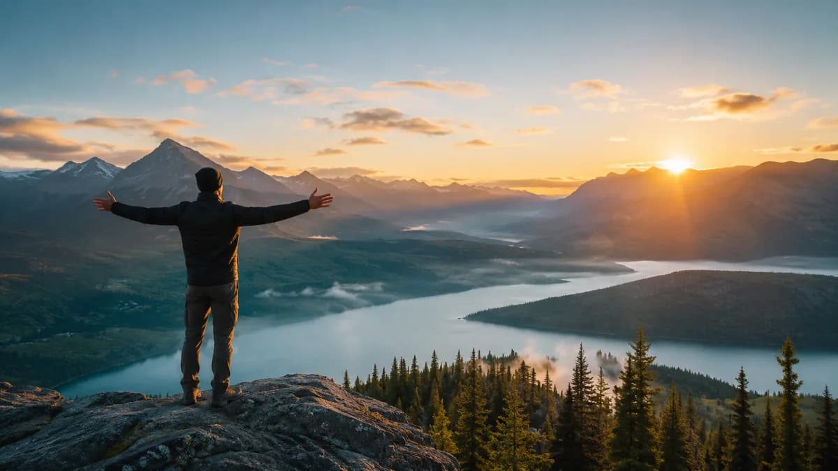 Une personne sur une colline au lever du soleil, les bras ouverts sur un paysage canadien