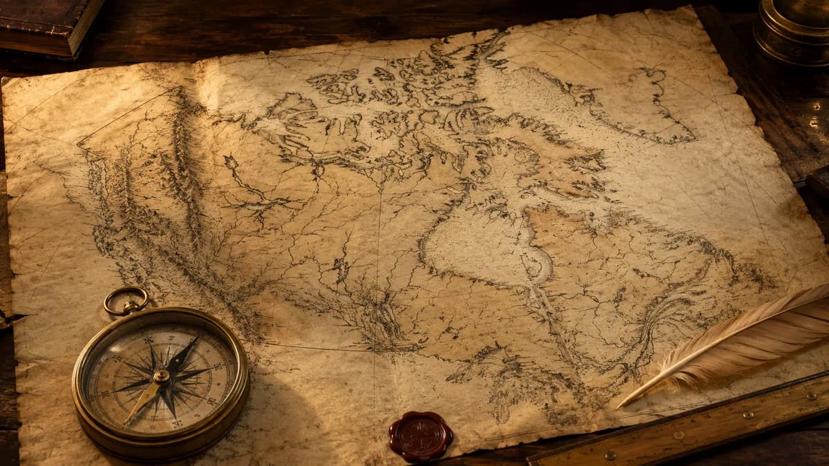 An antique historical map of Canada with a brass compass