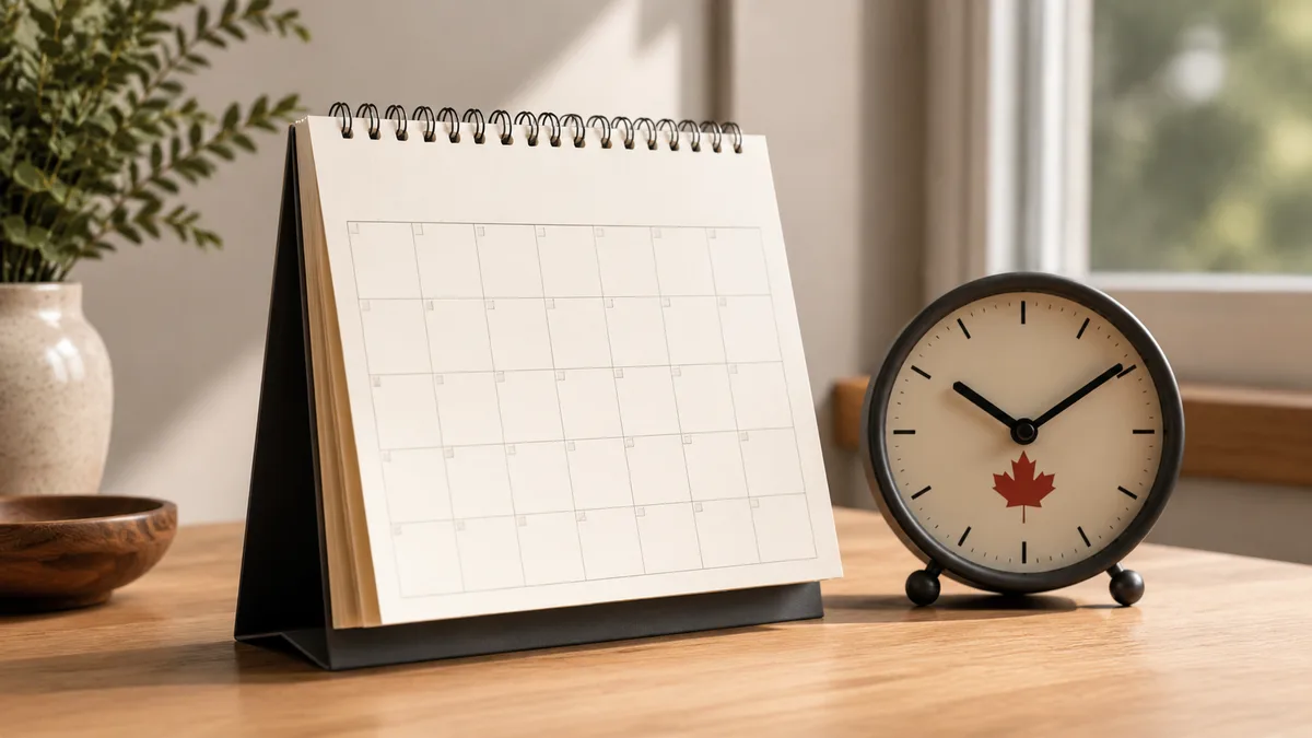 Un calendrier de bureau et une petite horloge avec une feuille d'érable, l'idée du temps qui passe
