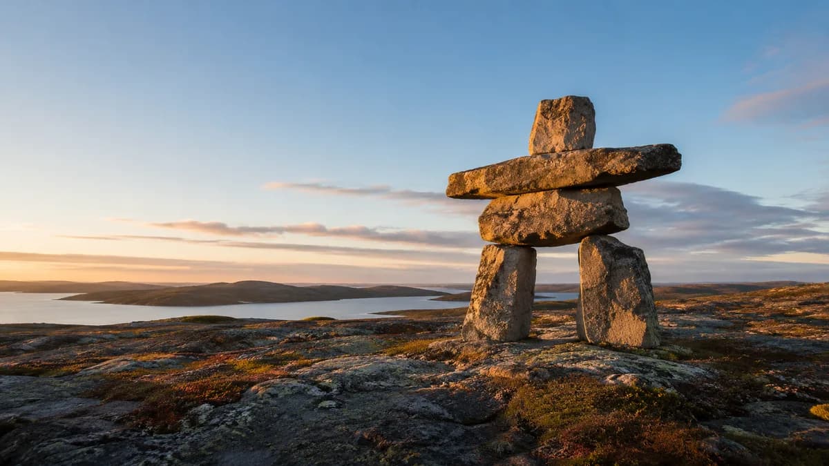 A stone inukshuk in a Canadian landscape at golden hour