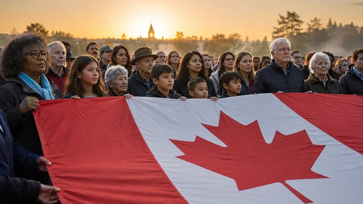 A crowd holding a large Canadian flag at an outdoor ceremony