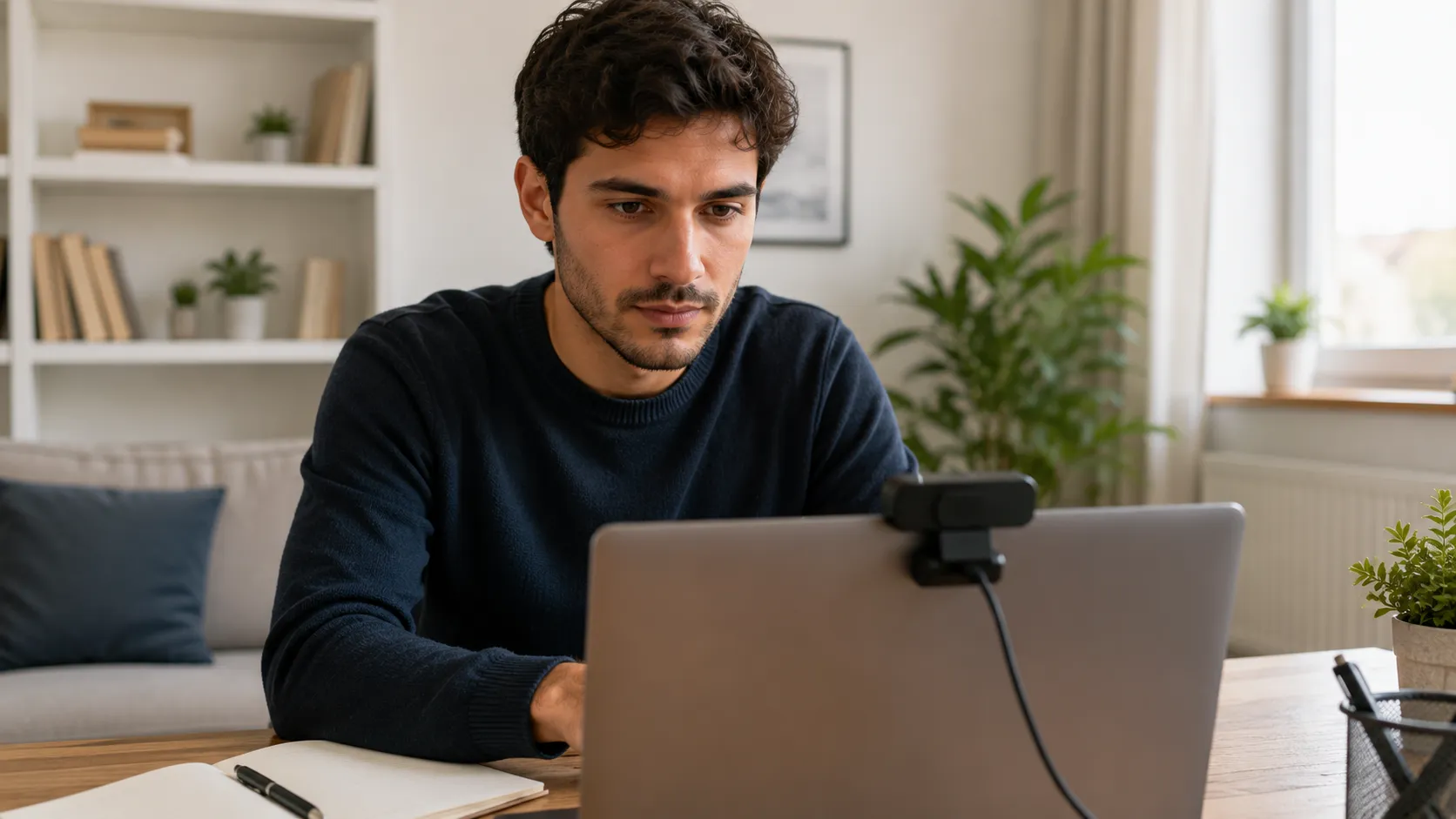 A person taking the online citizenship test at home on a laptop with a webcam