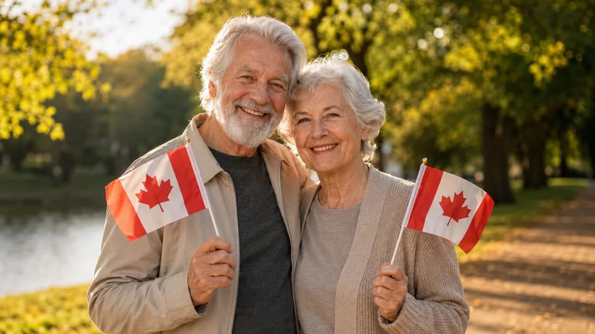 A smiling senior couple outdoors holding small Canadian flags