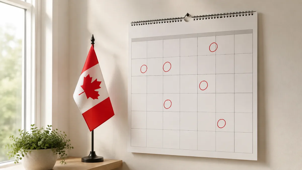 A wall calendar with several days circled in red and a small Canadian flag