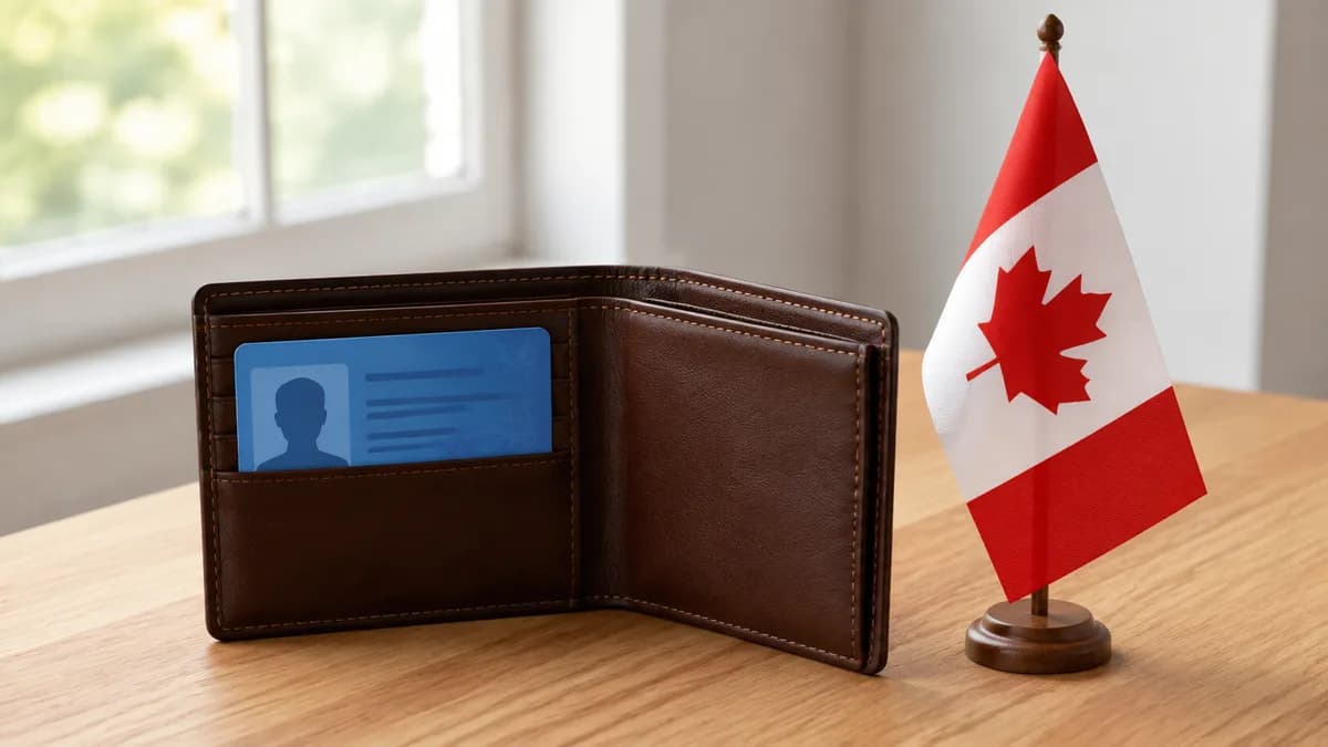 A wallet with a generic ID card and a small Canadian flag