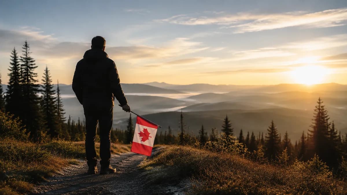 A person holding a small Canadian flag looking toward a bright horizon