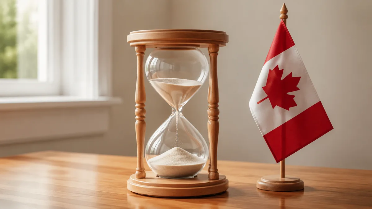 An hourglass beside a small Canadian flag on a desk